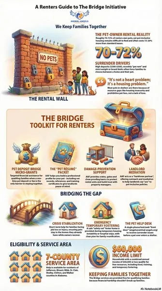 A Renters Guide to The Bridge Initiative by Animal-Angels Foundation. Covers the rental wall, Bridge toolkit for renters including pet deposit micro-grants, pet resume packets, damage prevention support, and landlord mediation. Also covers crisis stabilization, emergency temporary fostering, and the Pet Help Desk. Services available in 7 Alabama counties.