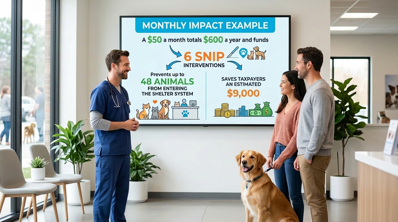 Monthly impact example showing what $50 covers over a year
