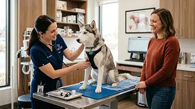 Veterinarian examing dog