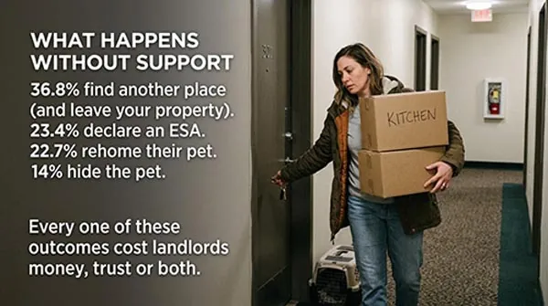 What Happens Without Support - 36.8% leave, 23.4% declare ESA, 22.7% rehome, 14% hide pet